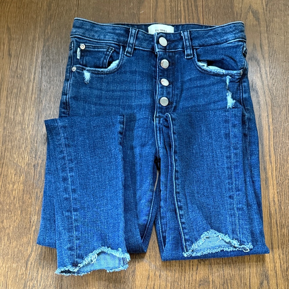 DL1961 Dark Blue Cropped Jeans with Distressed Hem